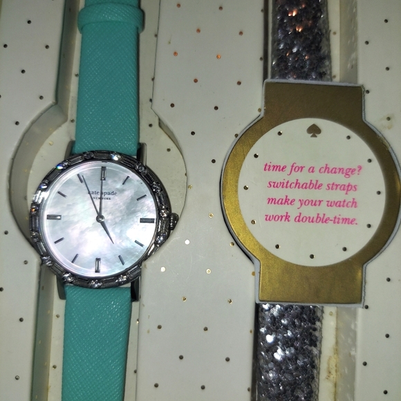 Kate's Spade NWT Live Colorfully Watch Set Rhinestones Bezel MOP Face 2 bands - Picture 9 of 16